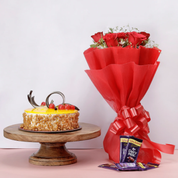 Eggless Red Cherry Butterscotch Cake with 8 Red Roses and 5 Dairy Milk Chocolates