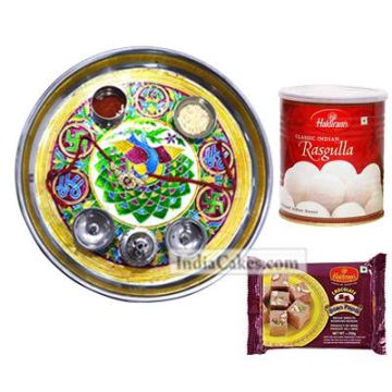 Golden Thali With Green Design And Rasgulla With Soanpapdi