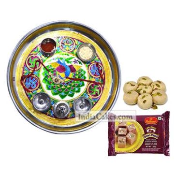 Golden Thali With Green Design And Soanpapdi With Pedha