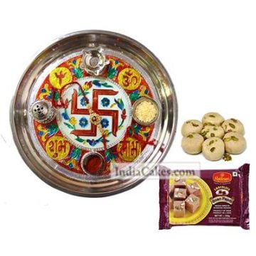 Golden Thali With Red Design And Soanpapdi With Pedha