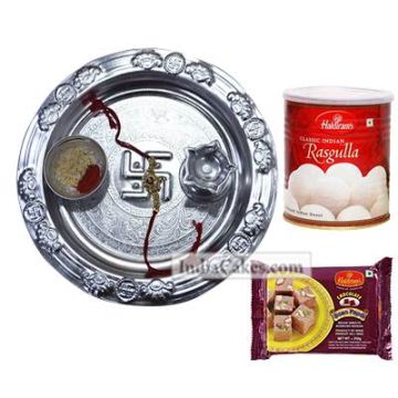 Silver Thali And Rasgulla With Soanpapdi