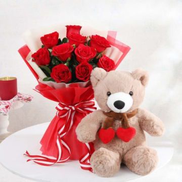 Cute Teddy and 10 Roses Combo