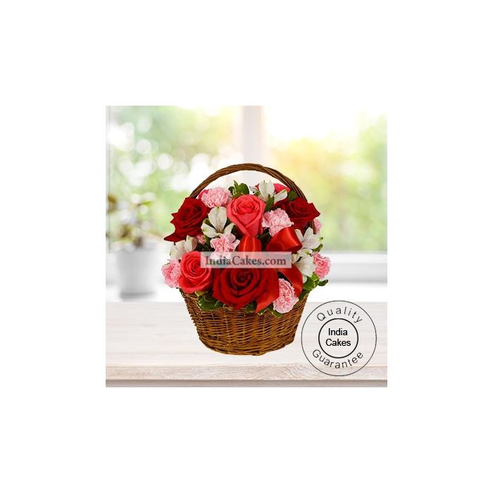10 Pink, 5 Red Roses and 10 white carnation Basket 10 Pink, 5 Red Roses and 10 white carnation Basket