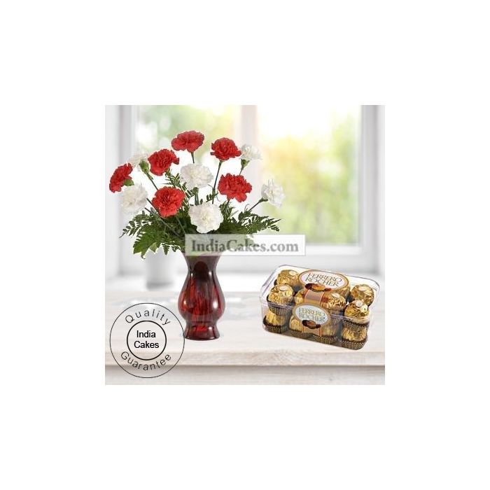 10 Red And White Carnations With 16 Ferrero Rocher Chocolates 10 Red And White Carnations With 16 Ferrero Rocher Chocolates
