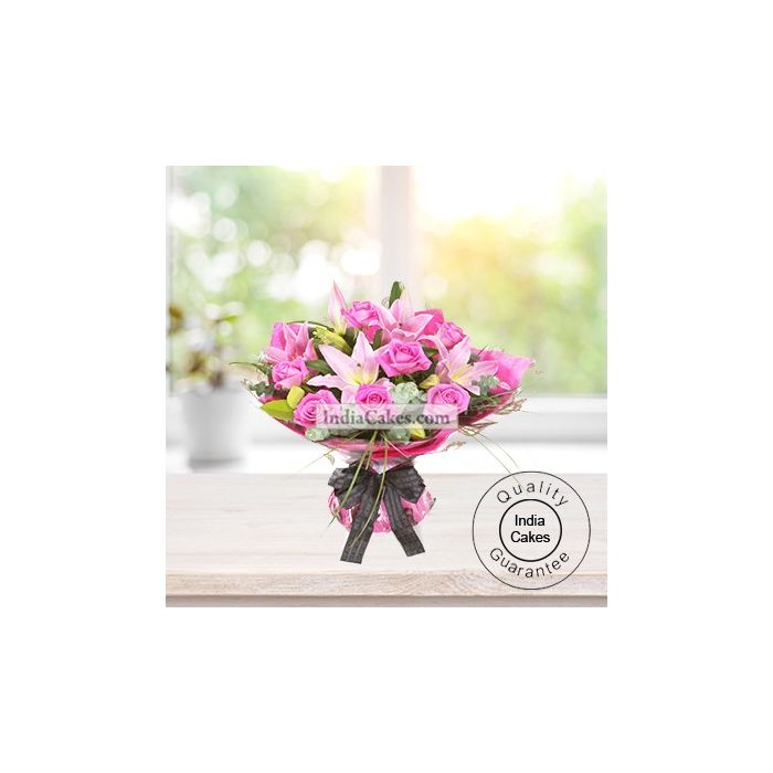6 Pink Lilies And 12 Pink Roses Arrengement 6 Pink Lilies And 12 Pink Roses Arrengement