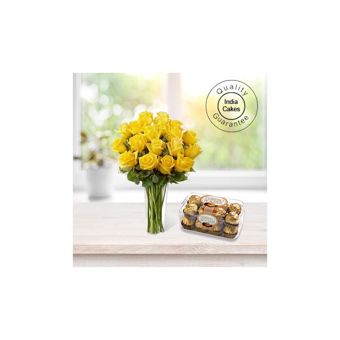 6 YELLOW ROSES BUNCH AND 16 PCS FERRERO ROCHER CHOCOLATES