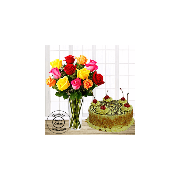 Affable Butterscotch Half Kg Cake with 12 Mix Roses