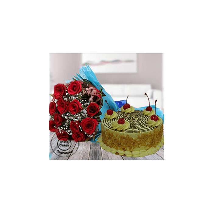 Affable Butterscotch Half Kg Cake with 12 Red Roses Affable Butterscotch Half Kg Cake with 12 Red Roses