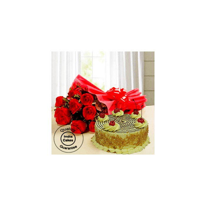 Affable Butterscotch Half Kg Cake with 9 Red Roses Affable Butterscotch Half Kg Cake with 9 Red Roses