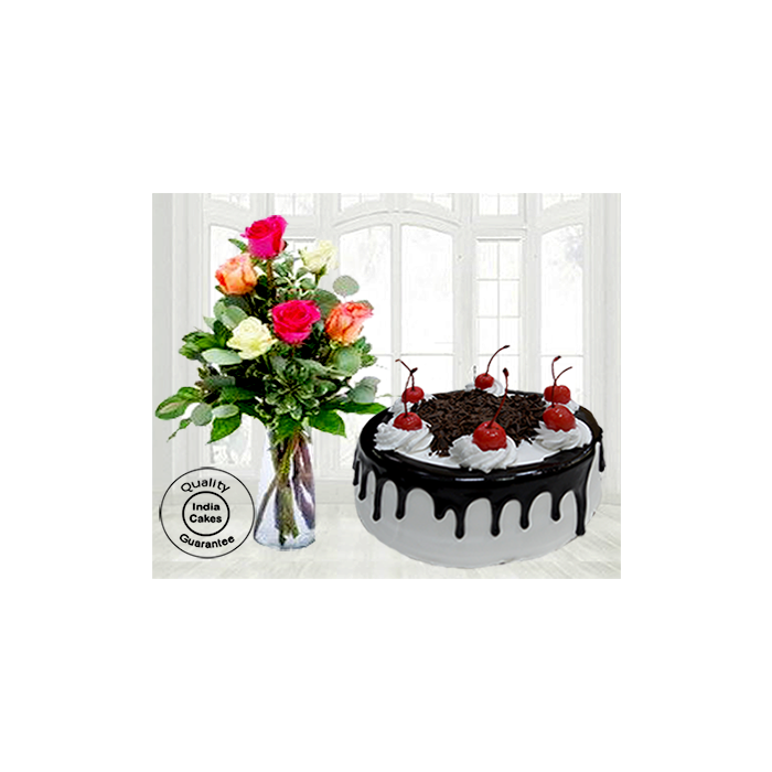 Black Forest Gel Cake with Cherry with 6 Mix Roses