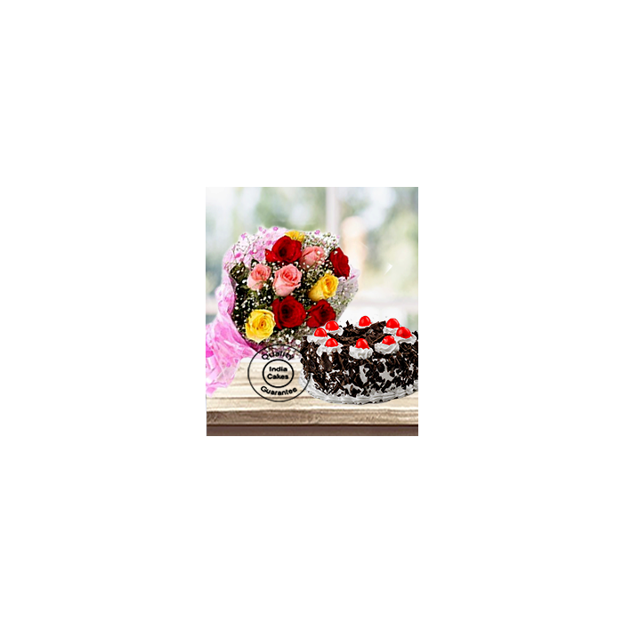 Half Kg Black Forest Cake with 12 Mix Roses Half Kg Black Forest Cake with 12 Mix Roses