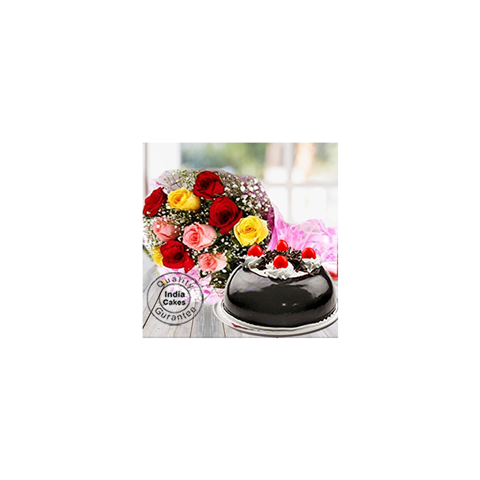Half Kg Black Forest Gel Dome Cake with 9 Mix Roses Half Kg Black Forest Gel Dome Cake with 9 Mix Roses