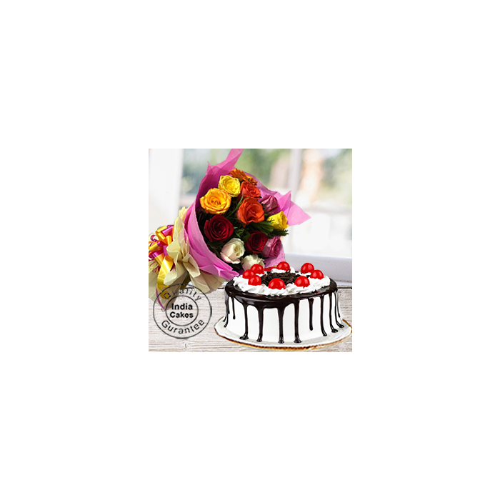Half Kg Black Forest Gel Cake with 12 Mix Roses Half Kg Black Forest Gel Cake with 12 Mix Roses