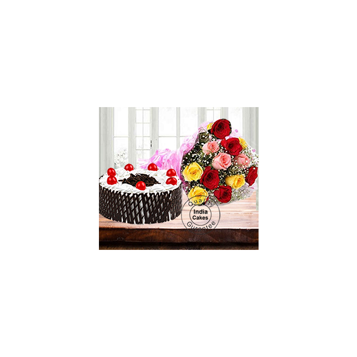 Half Kg Black Forest Side Net Cake with 12 Mix Roses Half Kg Black Forest Side Net Cake with 12 Mix Roses
