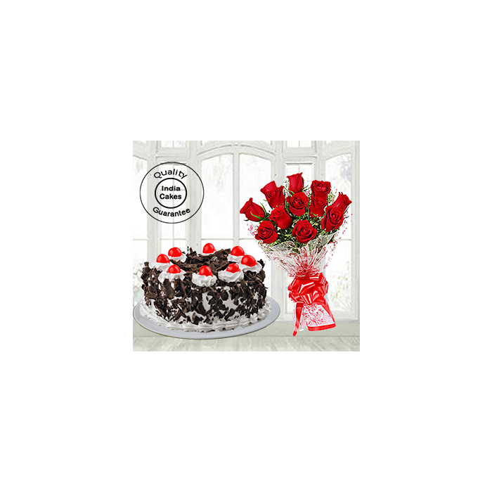 Half Kg Black Forest Cake with 12 Red Roses Half Kg Black Forest Cake with 12 Red Roses