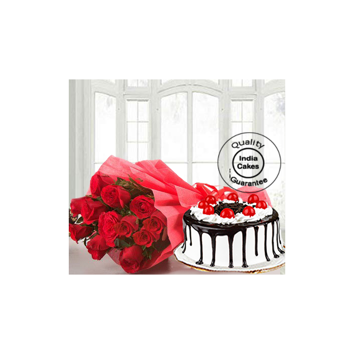Half Kg Black Forest Gel Cake with 12 Red Roses Half Kg Black Forest Gel Cake with 12 Red Roses