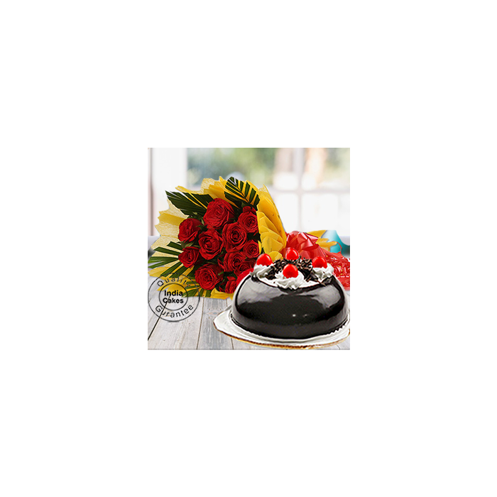 Half Kg Black Forest Gel Dome Cake with 12 Red Roses Half Kg Black Forest Gel Dome Cake with 12 Red Roses