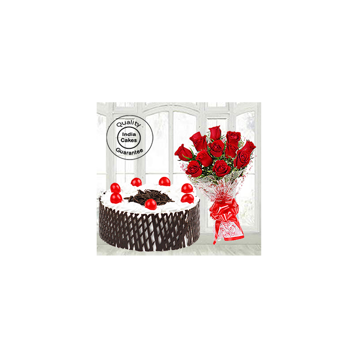 Half Kg Black Forest Side Net Cake with 12 Red Roses Half Kg Black Forest Side Net Cake with 12 Red Roses
