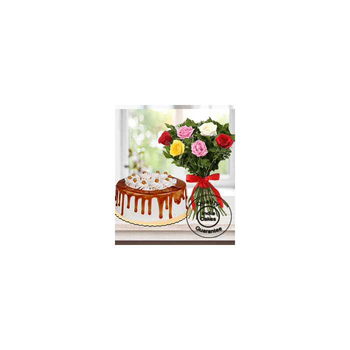 Eggless Butterscotch Cake Half Kg with 6 Mix Roses Bunch