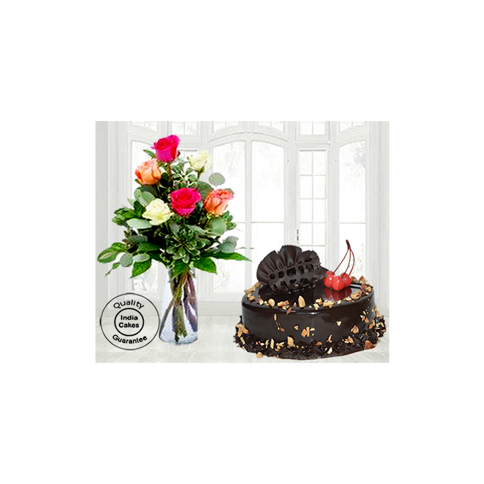 Choco Almond Cake Half Kg with 6 Mix Roses