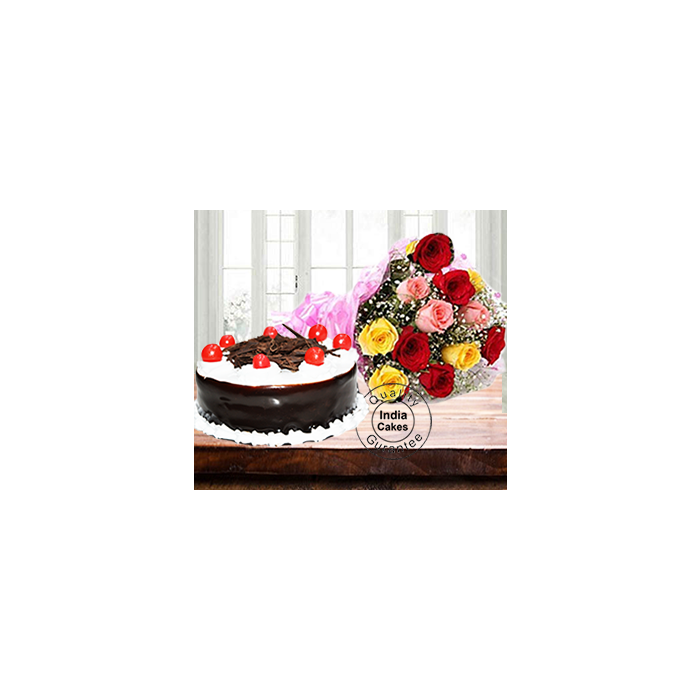 Half Kg Choco Black Forest Cake with 12 Mix Roses Half Kg Choco Black Forest Cake with 12 Mix Roses