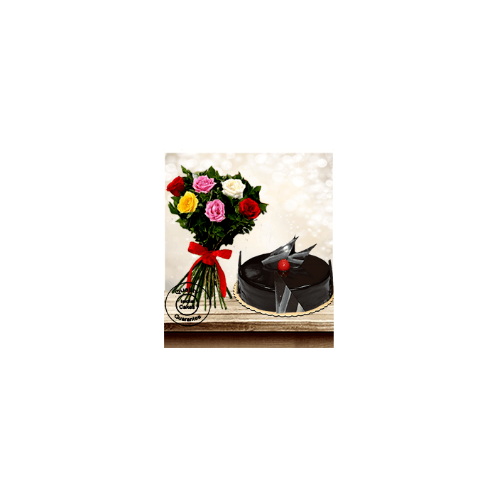 Half Kg Chocolate Truffle Cake with 6 Mix Roses Bunch Half Kg Chocolate Truffle Cake with 6 Mix Roses Bunch