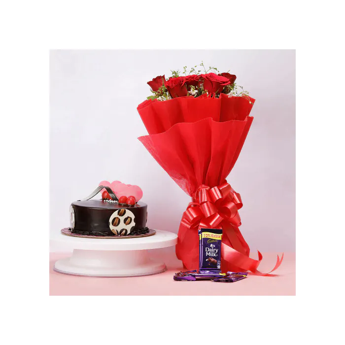 Eggless Chocolate Cake with 8 Red Roses and 5 Chocolates