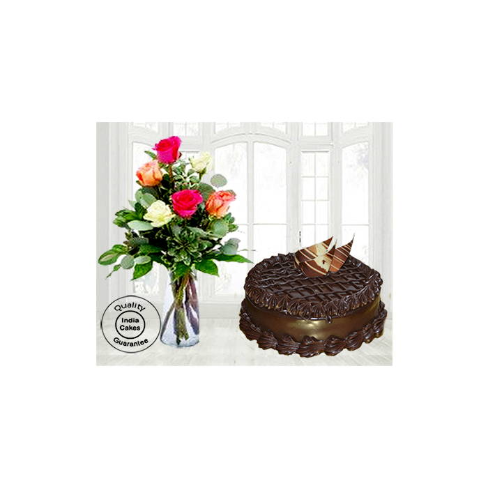Chocolate Truffle Torte Cake with 6 Mix Roses