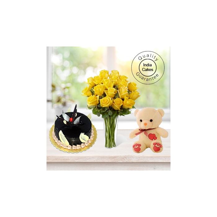Chocolate Truffle Cake 1 Kg with 6 Yellow Roses Bunch and a Teddy Bear Chocolate Truffle Cake 1 Kg with 6 Yellow Roses Bunch and a Teddy Bear