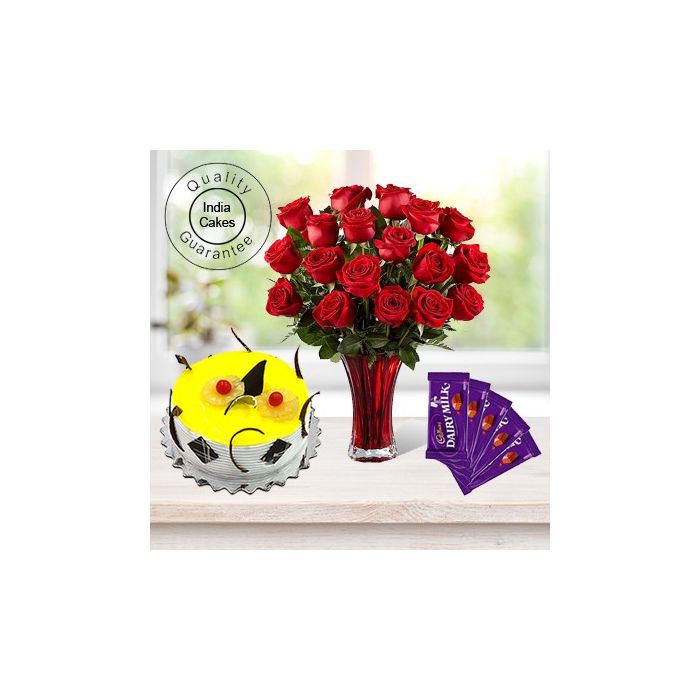 1.5 Kg Pineapple Cake-6 Red Roses Bunch-5 Chocolates
