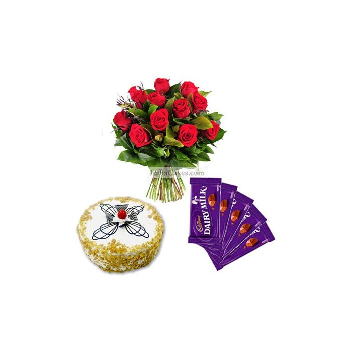Eggless Butterscotch Cake Half Kg with 6 Red Roses Bunch and 5 Chocolates
