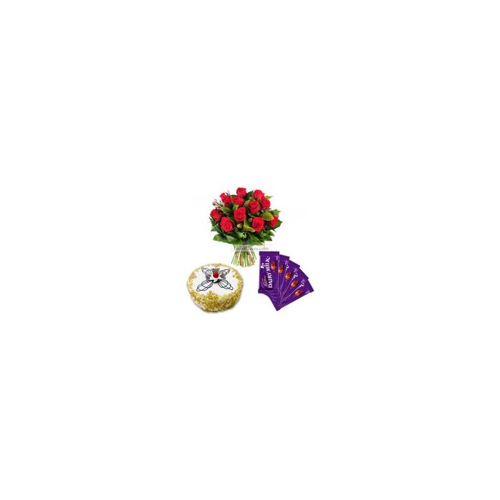 Eggless Butterscrotch Cake 1 Kg with 6 Red Roses Bunch and 5 Chocolates