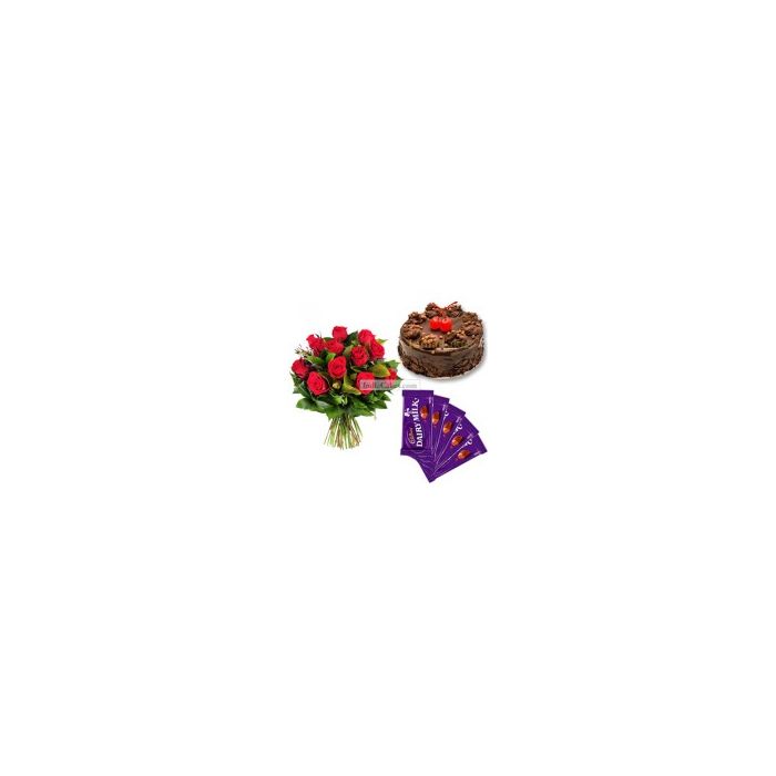 Eggless Chocolate Truffle Cake Half Kg with 6 Red Roses Bunch and 5 Chocolates