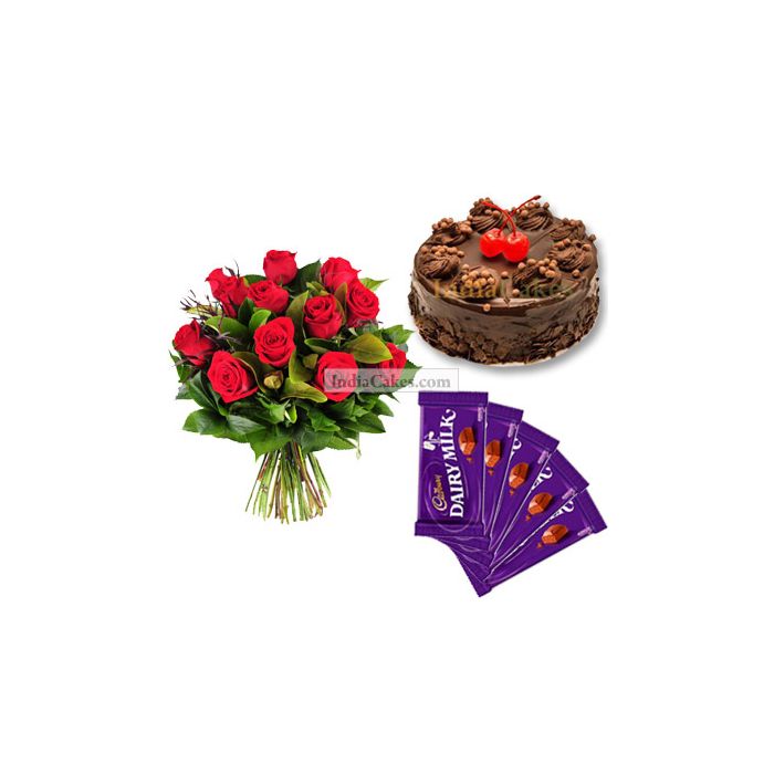 Half Kg Chocolate Truffle Cake-6 Red Roses Bunch-5 Chocolates
