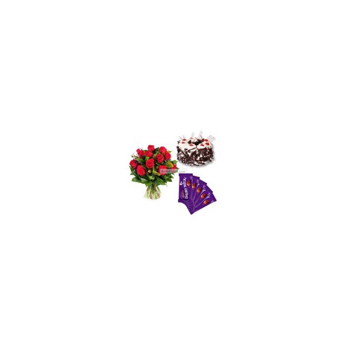 Eggless Black Forest Cake 1 Kg with 6 Red Roses Bunch and 5 Chocolates