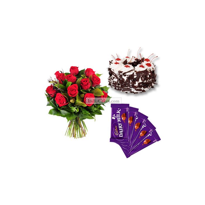 1 Kg Black Forest Cake-6 Red Roses Bunch-5 Chocolates