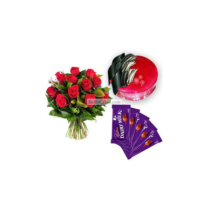 Eggless Strawberry Cake Half Kg with 6 Red Roses Bunch and 5 Chocolates Eggless Strawberry Cake Half Kg with 6 Red Roses Bunch and 5 Chocolates