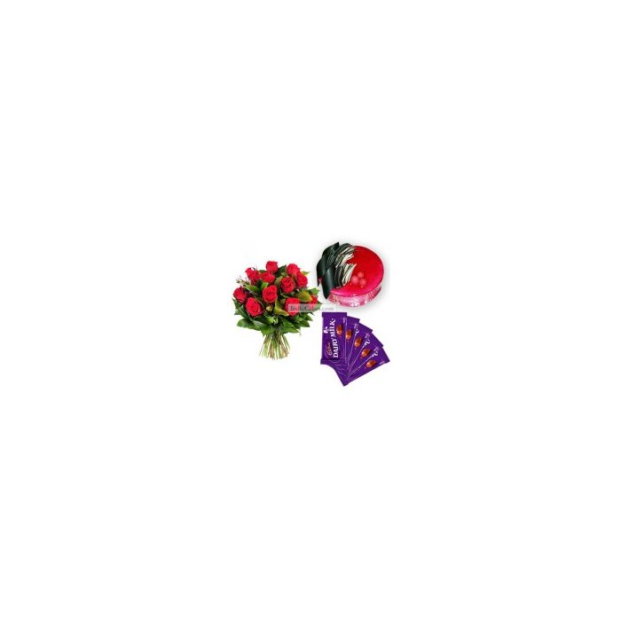 Eggless Strawberry Cake 1 Kg with 6 Red Roses Bunch and 5 Chocolates