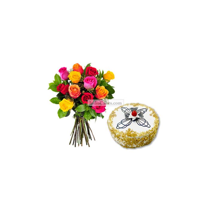 Eggless Butterscotch Cake 1 Kg with 12 Mix Roses Bunch