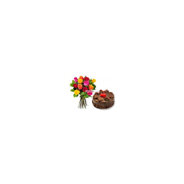 Eggless Chocolate Truffle Cake Half Kg with 6 Mix Roses Bunch Eggless Chocolate Truffle Cake Half Kg with 6 Mix Roses Bunch