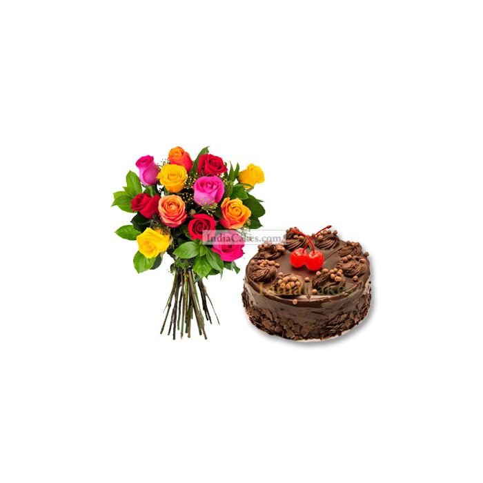 Eggless Chocolate Truffle Cake 1 Kg with 12 Mix Roses Bunch
