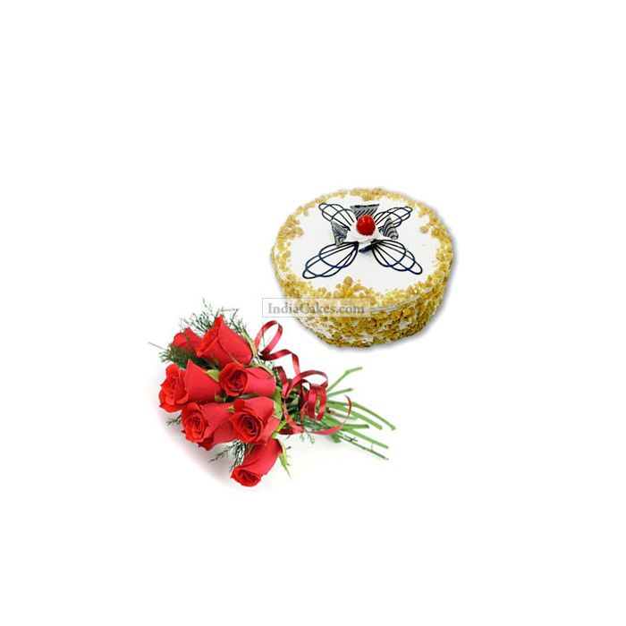 1 Kg Butter Scotch Cake with 6 Red Roses Bunch
