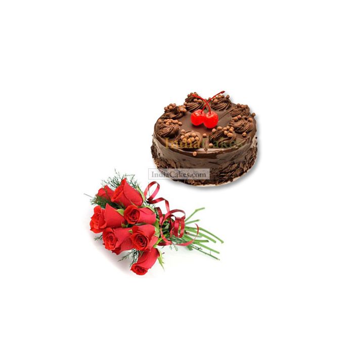 1.5 Kg Eggless Chocolate Truffle with 12 Red Roses Bunch
