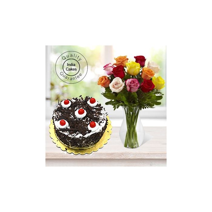 Black Forest Cake Half Kg with 6 Mix Roses Bunch