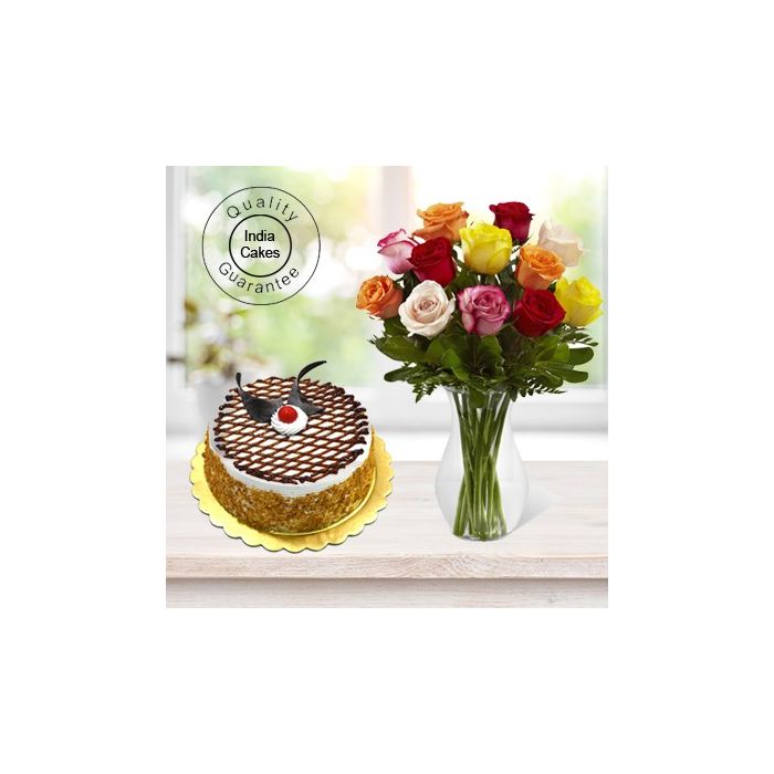 Half Kg Butter Scotch Cake with 12 Mix Roses Bunch Half Kg Butter Scotch Cake with 12 Mix Roses Bunch