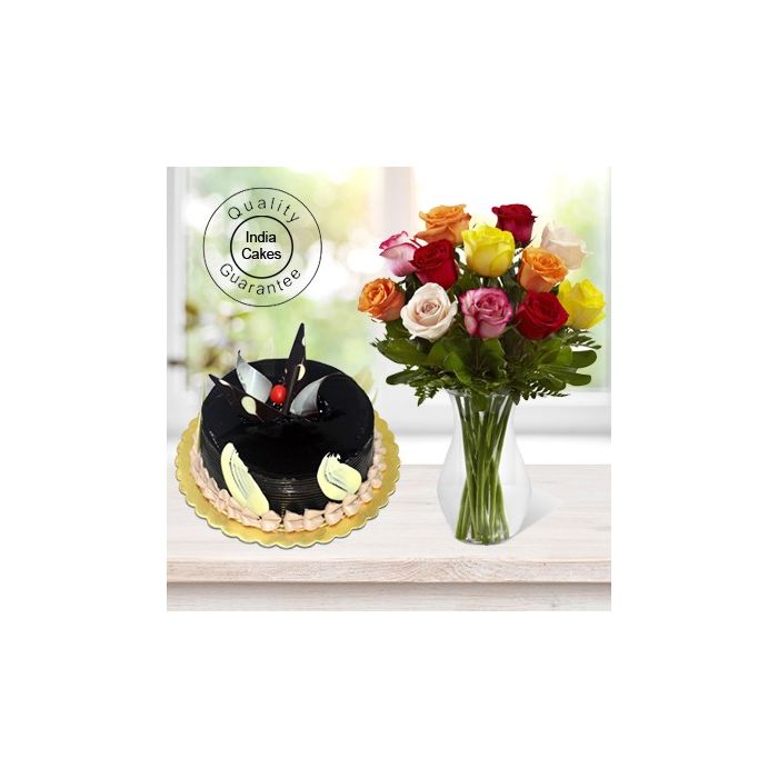 Eggless Chocolate Truffle Cake 1 Kg with 12 Mix Roses Bunch Eggless Chocolate Truffle Cake 1 Kg with 12 Mix Roses Bunch