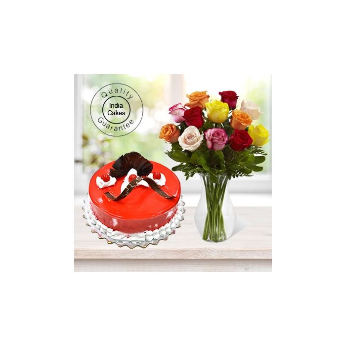 Eggless Strawberry Cake 1 Kg with 12 Mix Roses Bunch Eggless Strawberry Cake 1 Kg with 12 Mix Roses Bunch