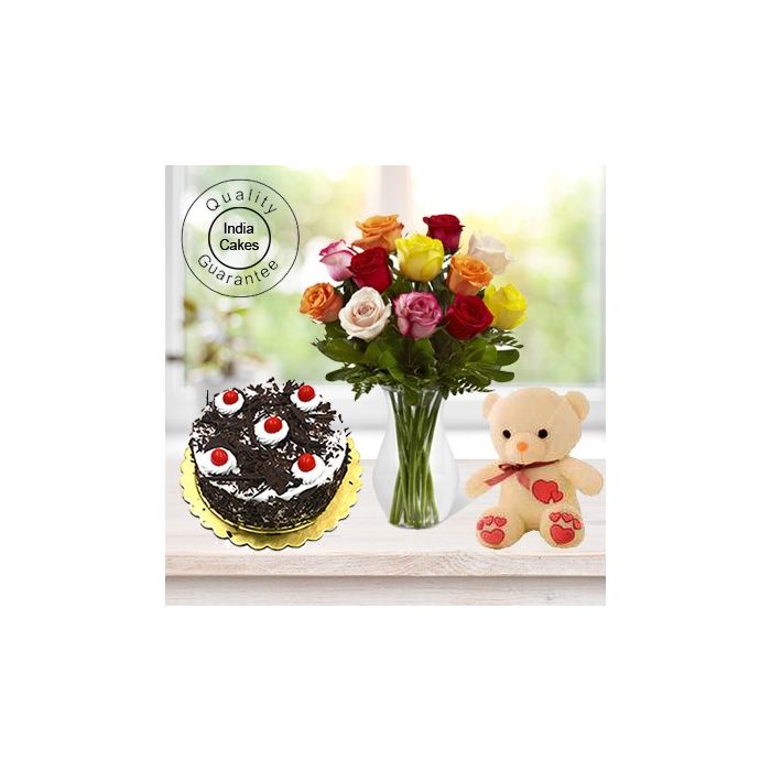 1.5 Kg Black Forest -6 Mix Roses Bunch-Teddy Bear
