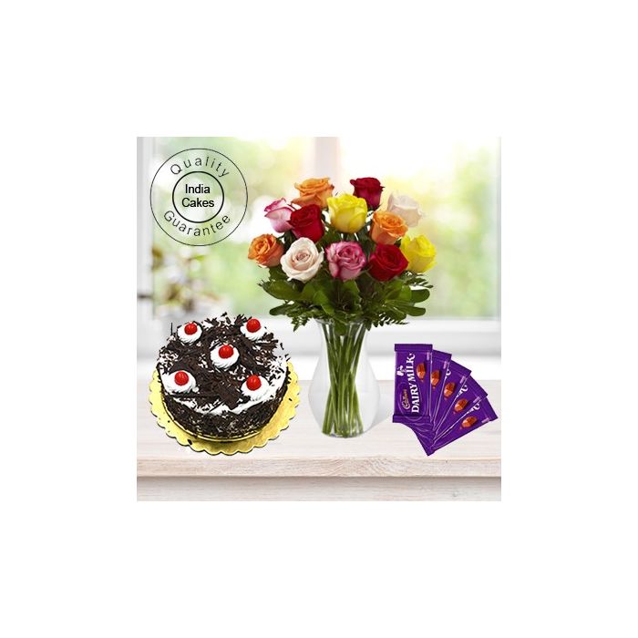 Eggless Black Forest Cake Half Kg with 6 Mix Roses Bunch and 5 Chocolates
