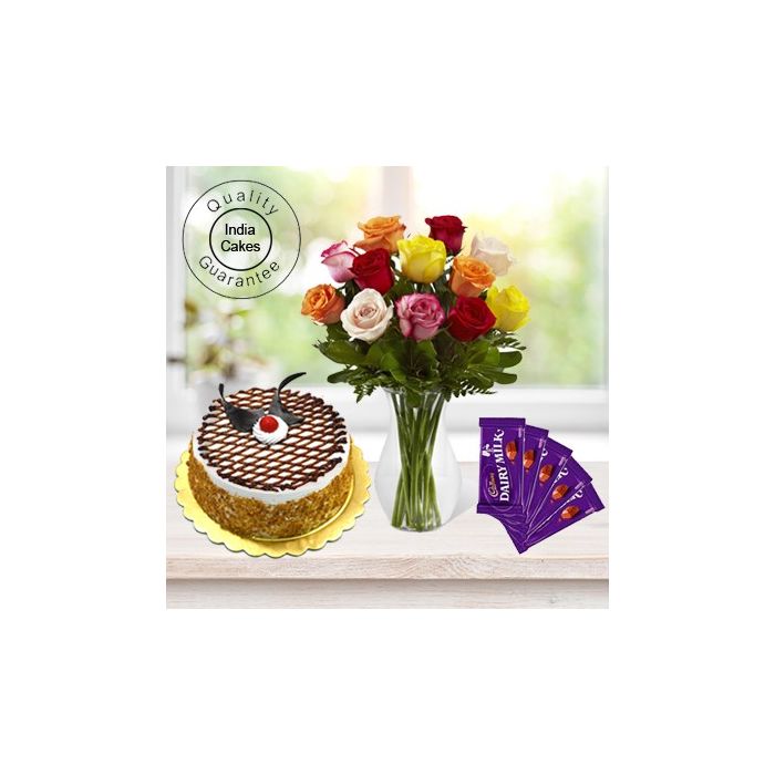 Eggless Butterscotch Cake 1 Kg with 6 Mix Roses Bunch and 5 Chocolates